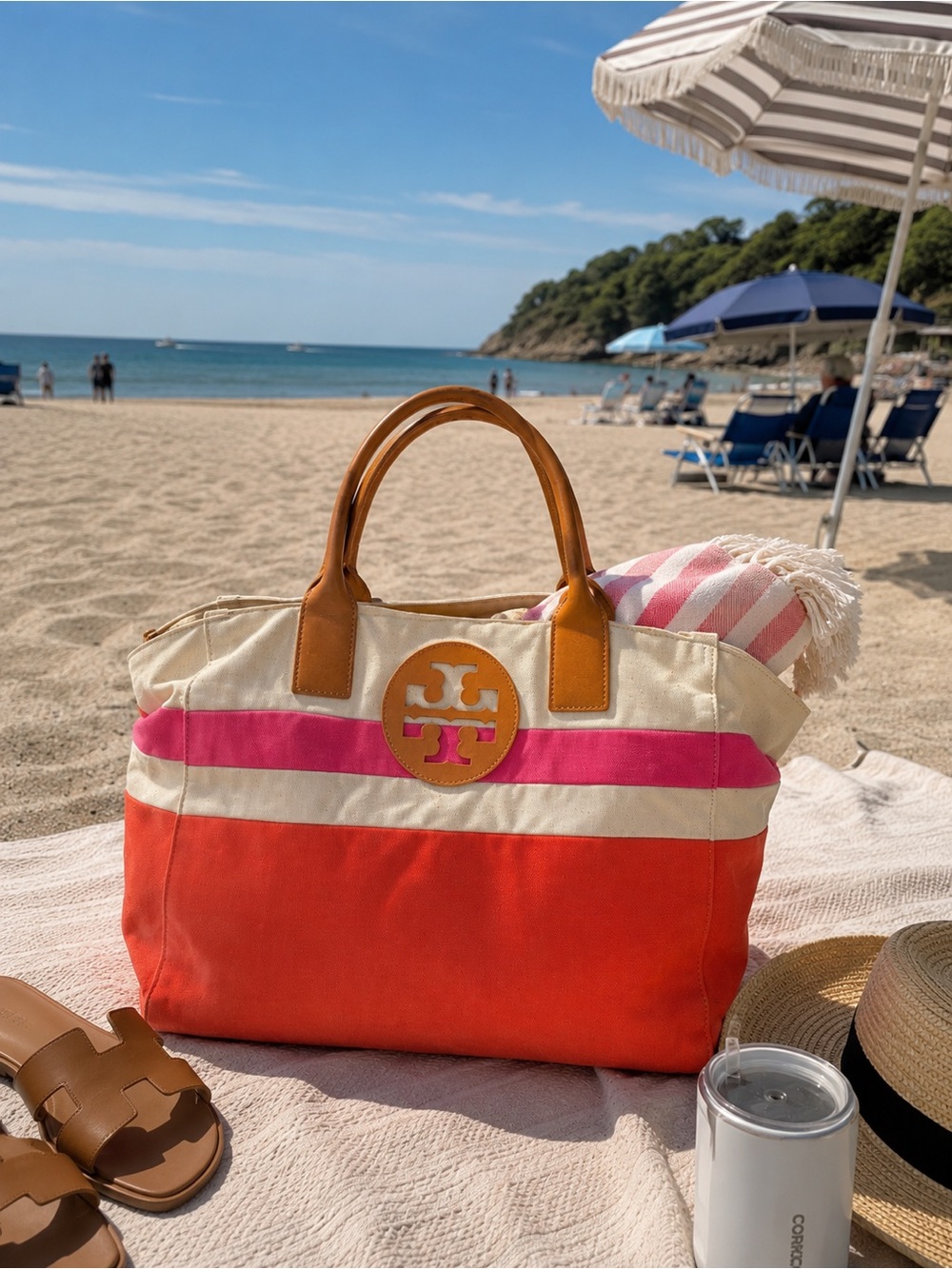 Tory Burch Dipped Beach Tote Natural Poppy Red Fiesta Canvas Leather Bag - Picture 13 of 13